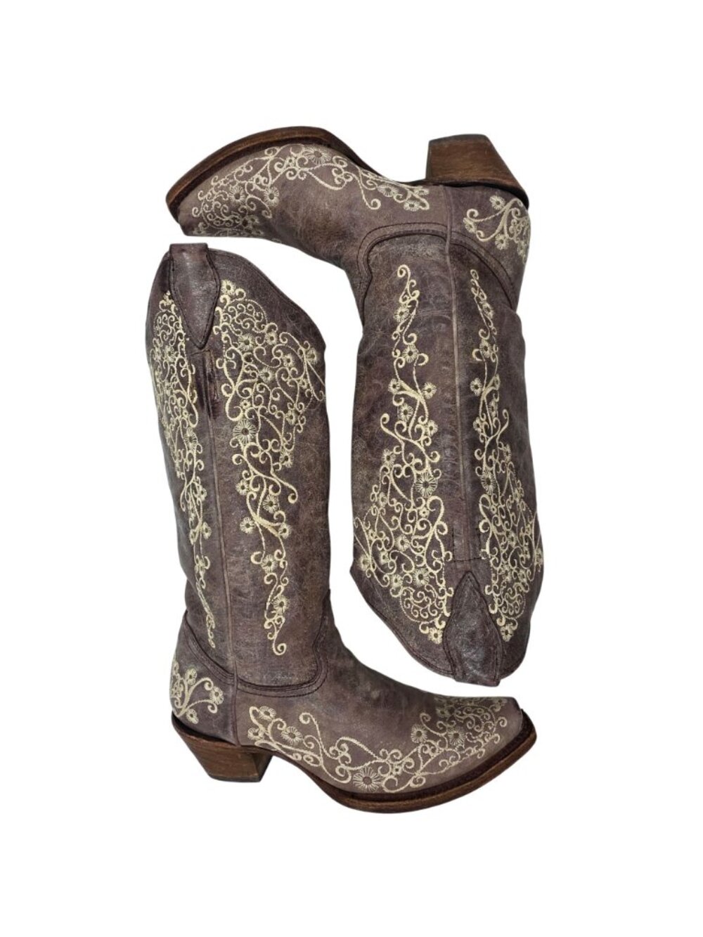 Corral Distressed Brown Leather Floral Cowgirl Western Boots Women 7M Snip Toe - Picture 3 of 16